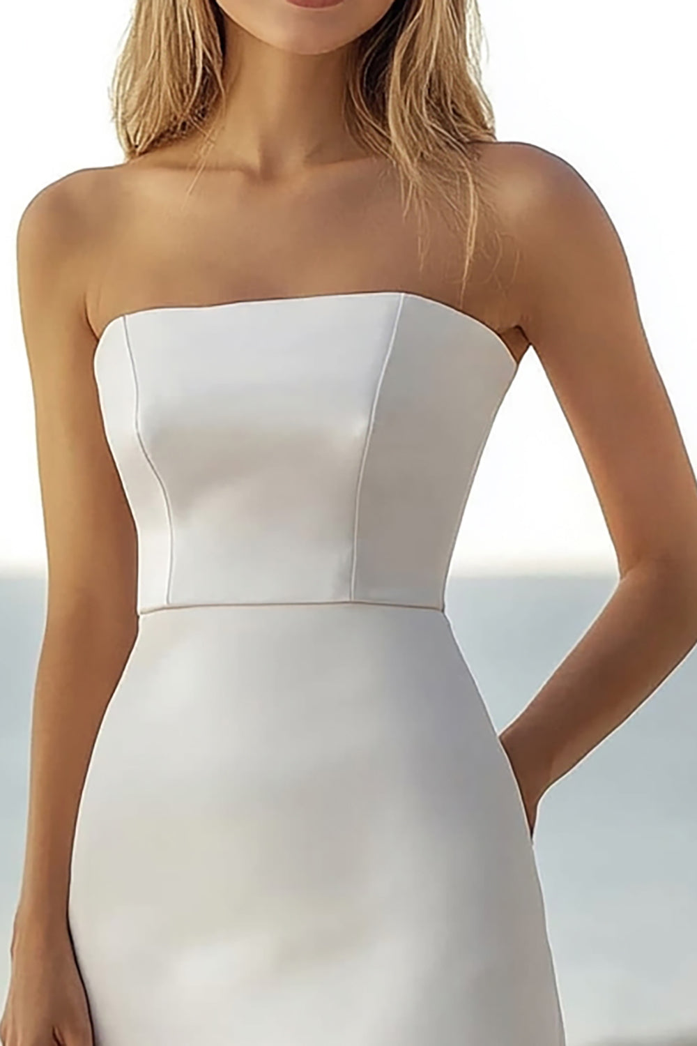 Ivory Satin Strapless Bodycon Midi Boho Formal Dress