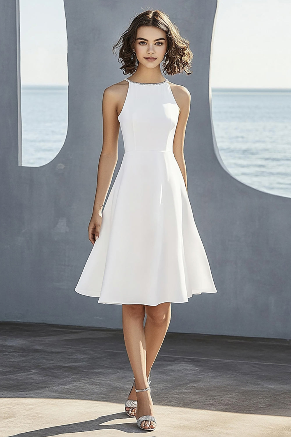Simple Ivory Satin A Line Halter Neck Short Cocktail Dress