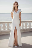 Ivory Short Sleeves Satin Maxi Boho Formal Dress with Slit