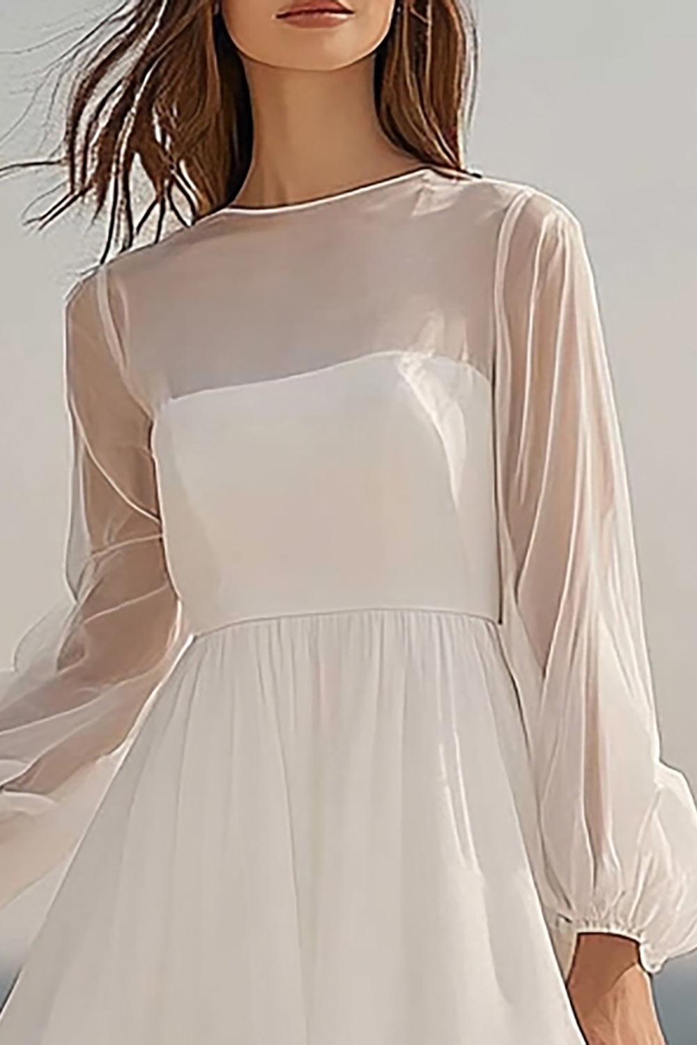 Ivory A Line Round Neck Midi Boho Dress with Sleeves
