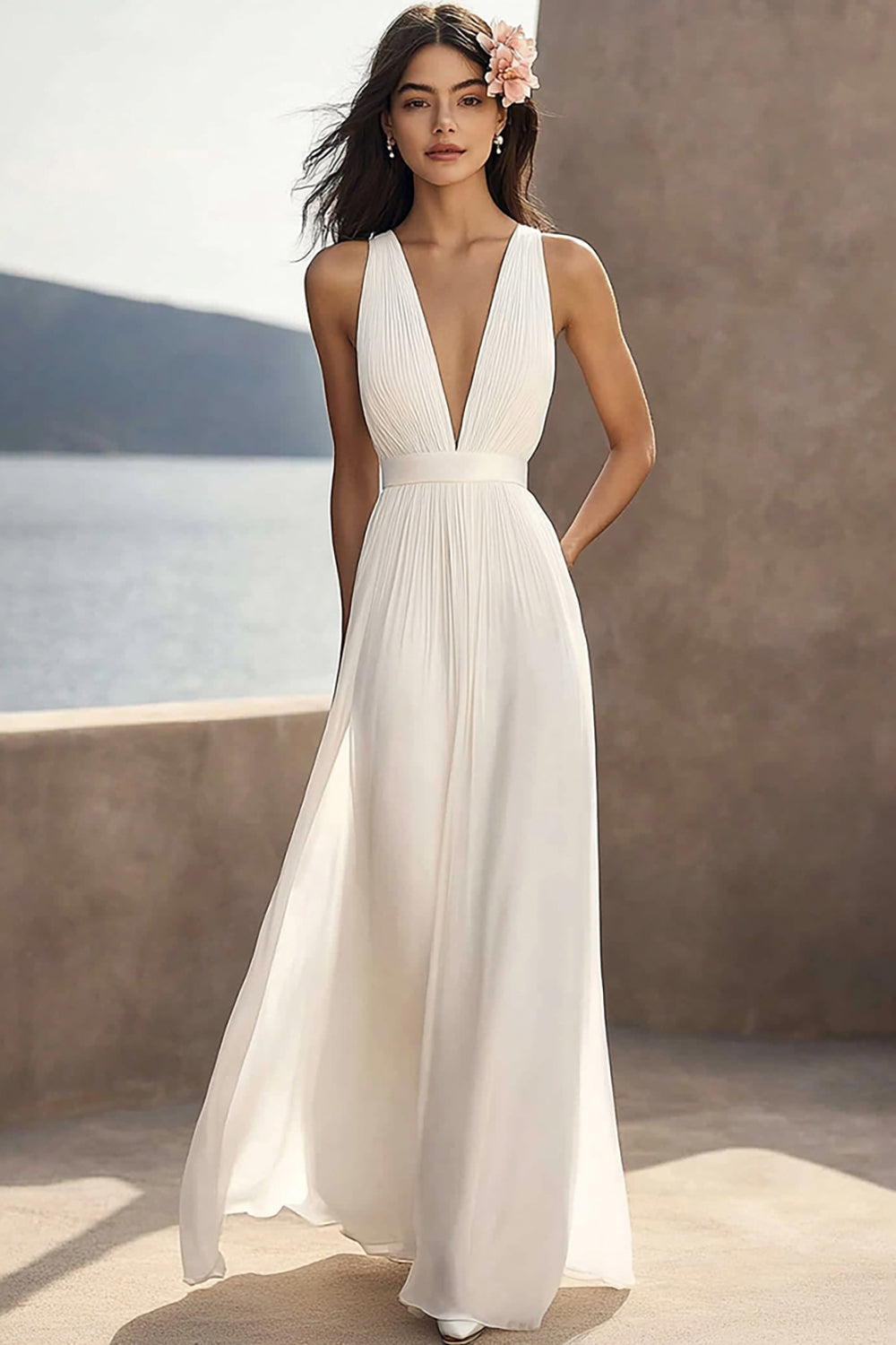 Ivory Pleated Chiffon Deep V-Neck Maxi Boho Formal Dress