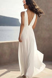 Ivory Pleated Chiffon Deep V-Neck Maxi Boho Formal Dress