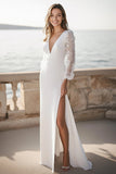 Ivory Satin Long Sleeves Maxi Sheath Boho Formal Dress with Lace