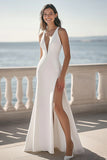 Satin Sheath Ivory Deep V-Neck Maxi Boho Formal Dress with Slit