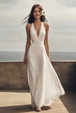 Chiffon Ivory Halter A Line Maxi Boho Formal Dress