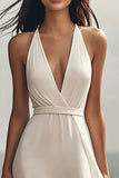 Chiffon Ivory Halter A Line Maxi Boho Formal Dress