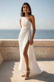 Ivory One Shoulder Ruched Maxi Sheath Boho Formal Dress with Slit