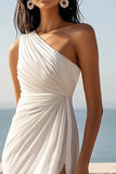 Ivory One Shoulder Ruched Maxi Sheath Boho Formal Dress with Slit