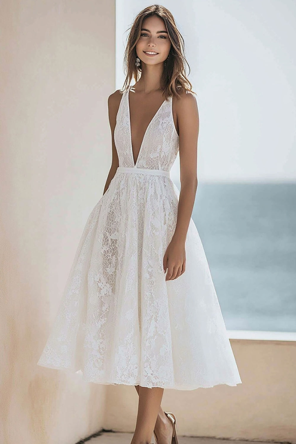 Lace Deep V-Neck Ivory Long Boho Formal Dress