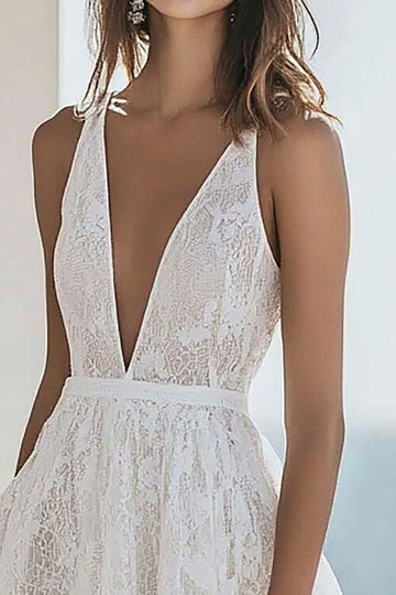 Lace Deep V-Neck Ivory Long Boho Formal Dress
