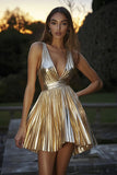 Metallic Gold Pleated Short A-Line Cocktail Dress