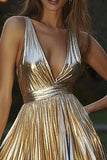 Metallic Gold Pleated Short A-Line Cocktail Dress