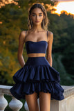 Navy Ruffled Satin Short A Line 2-Piece Cocktail Dress
