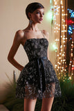 Sparkly Black Lace A Line Short Cocktail Dress with Sash