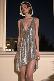 Sparkly Silver Grey Deep V-Neck Sequins High-Low Cocktail Dress
