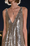Sparkly Silver Grey Deep V-Neck Sequins High-Low Cocktail Dress