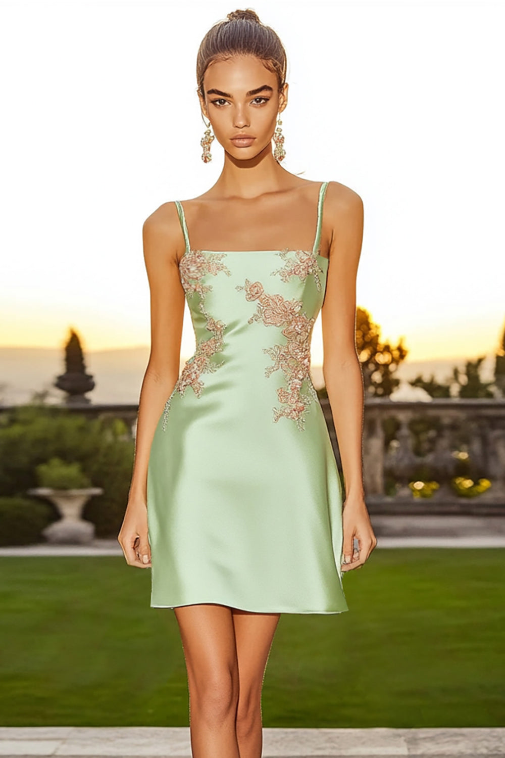 Sage Green Spaghetti Straps Floral Short Cocktail Dress