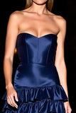 Navy A Line Tiered Corset Short Cocktail Dress with Ruffles