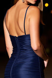 Navy Spaghetti Straps Ruched Bodycon Mini Cocktail Dress