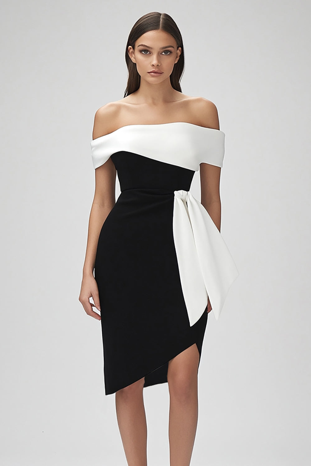 Bodycon Ivory and Black Patchwork Midi Cocktail Dress with Sash