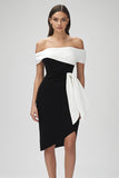 Bodycon Ivory and Black Patchwork Midi Cocktail Dress with Sash