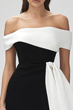 Bodycon Ivory and Black Patchwork Midi Cocktail Dress with Sash