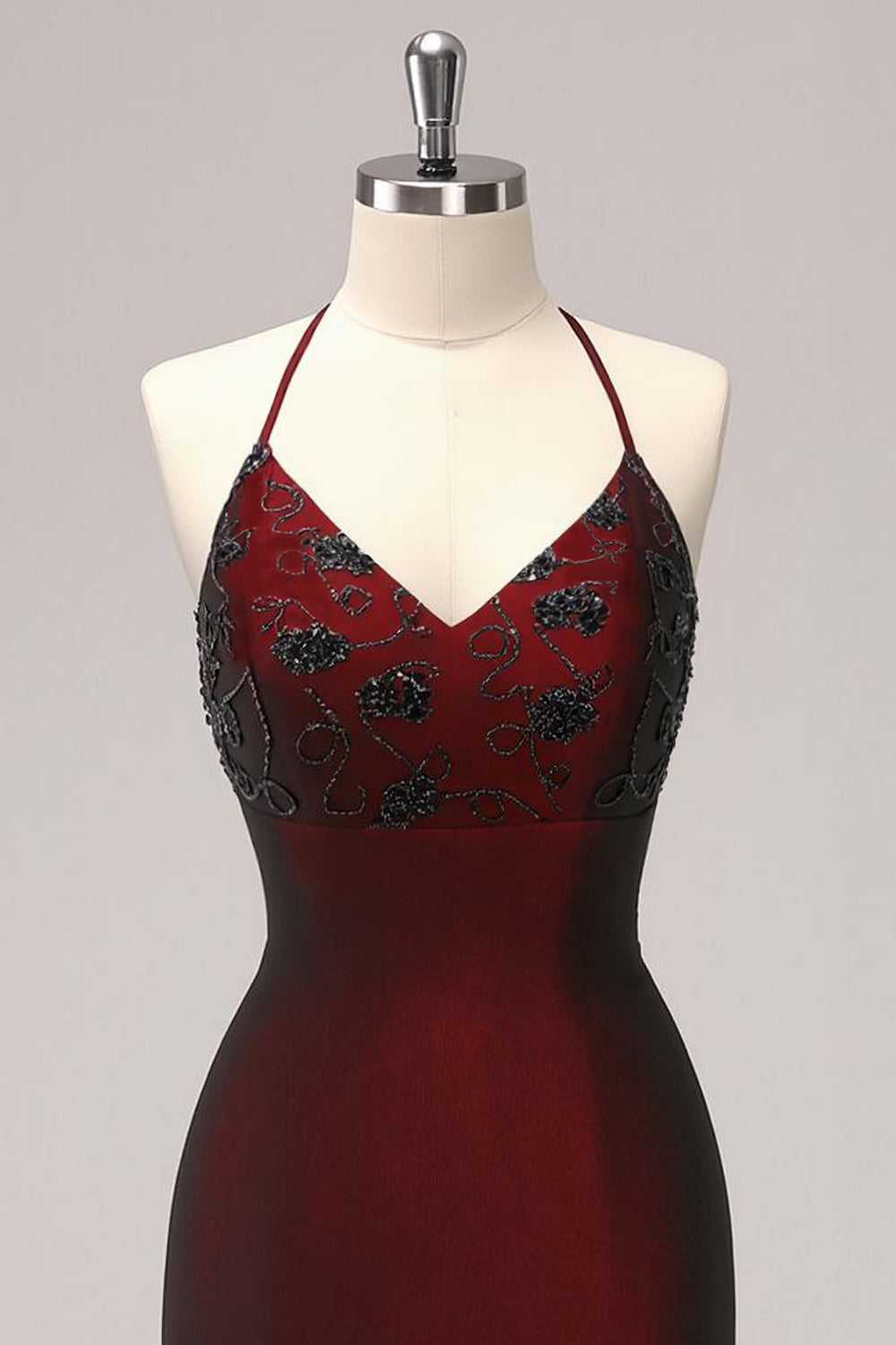 Sparkly Black Red Sheath Halter Long Formal Dress with Beading