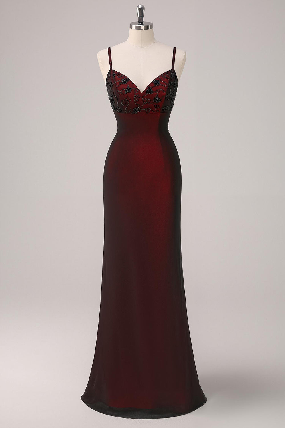 Sparkly Black Red Sheath Spaghetti Straps Long Formal Dress with Beading