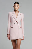 Pink Notched Lapel Bodycon Short Work Dress with Sleeves