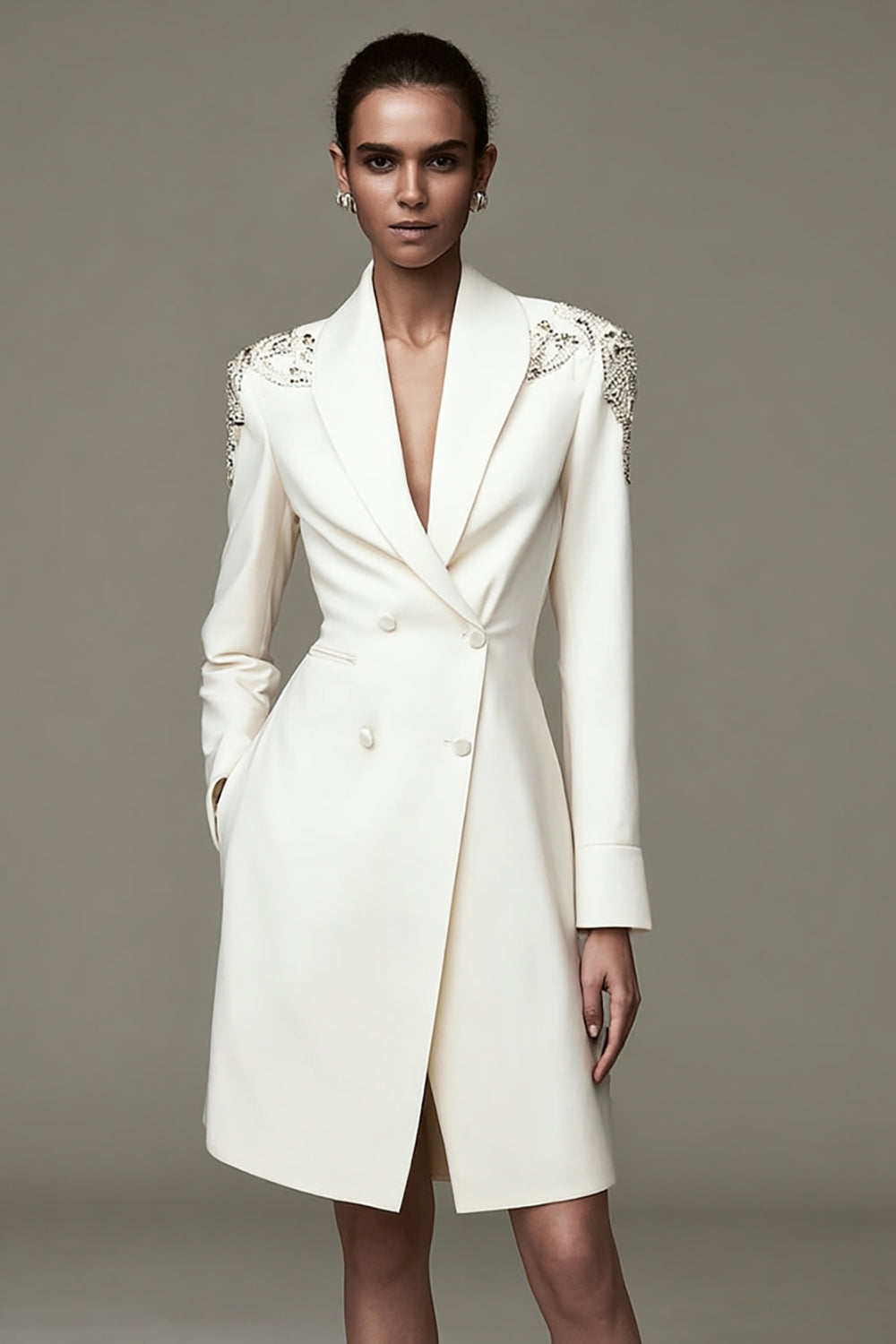 Sparkly Ivory Shawl Lapel Short Work Dress with Sleeves