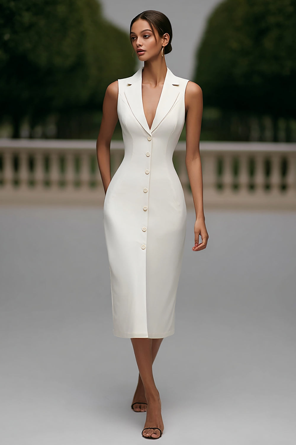 Ivory Notched Lapel Bodycon Sleeveless Midi Work Dress