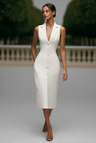 Ivory Notched Lapel Bodycon Sleeveless Midi Work Dress