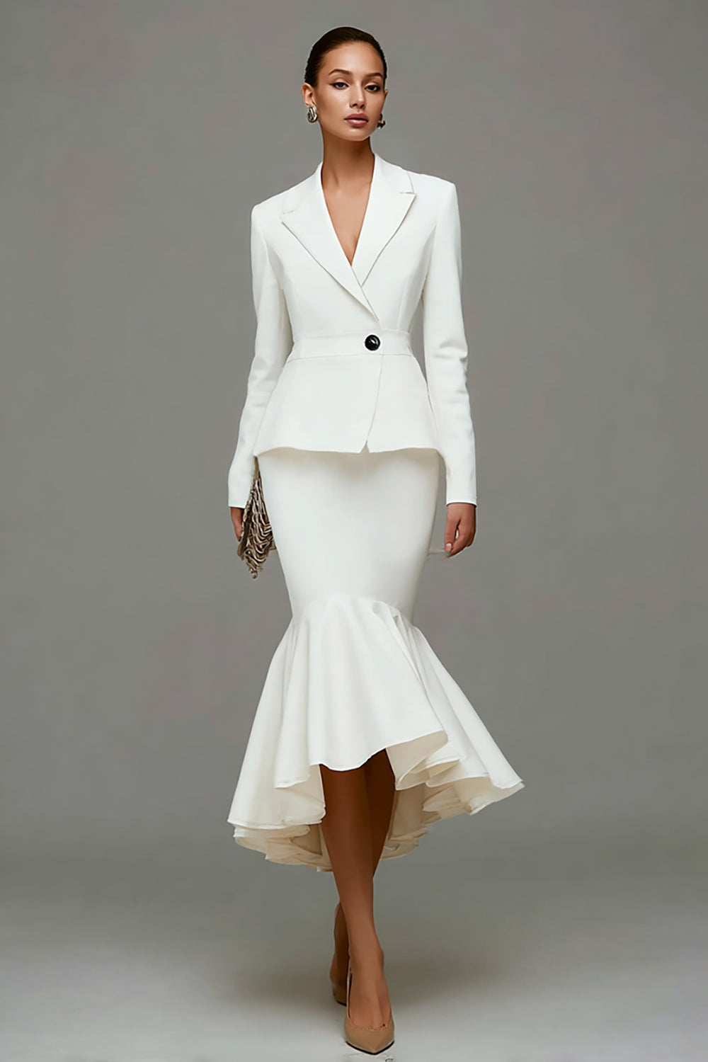 Ivory Mermaid Ruffled Peak Lapel Midi Work Dress