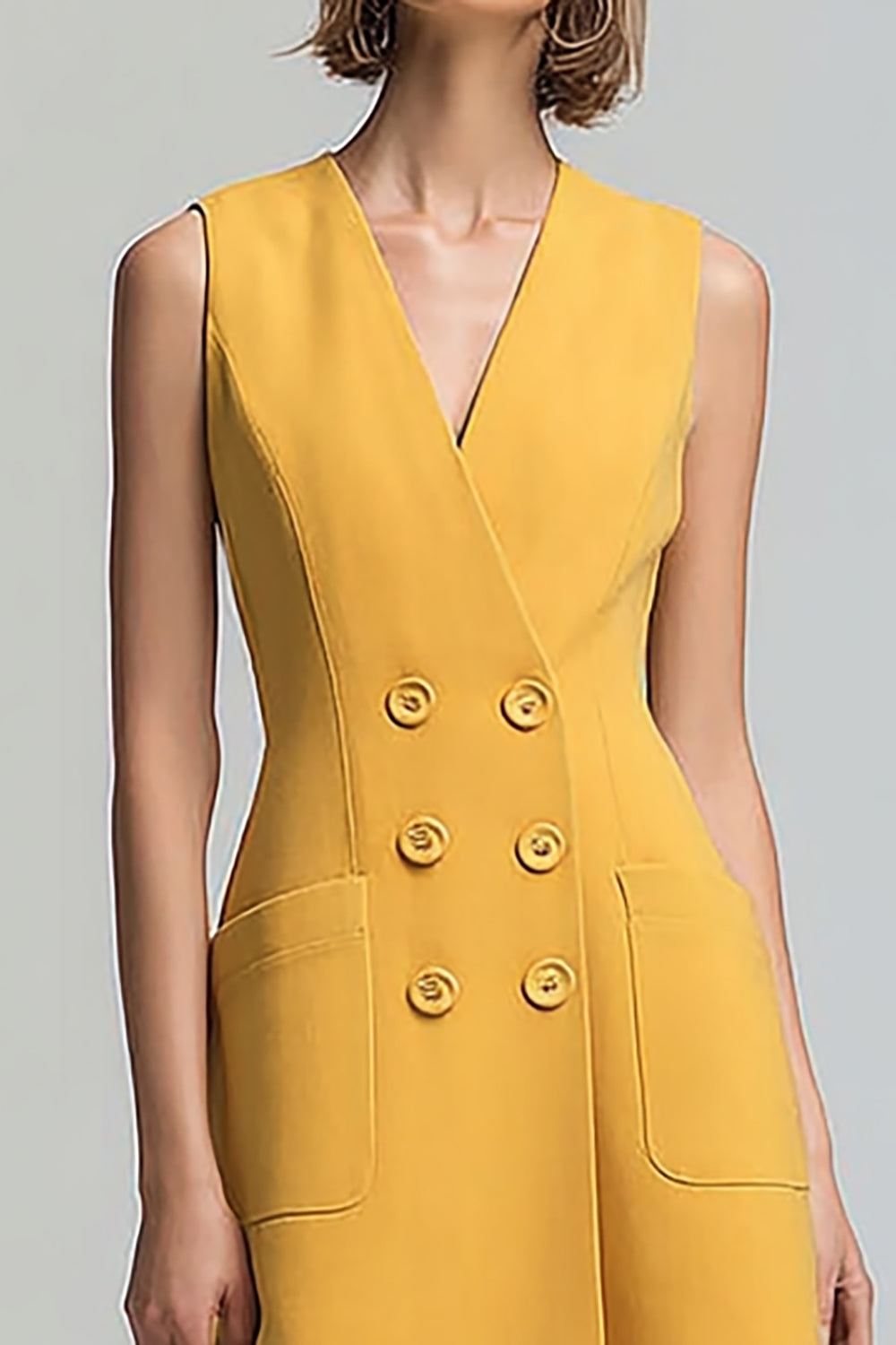 A Line Yellow V Neck Sleeveless Long Work Dress