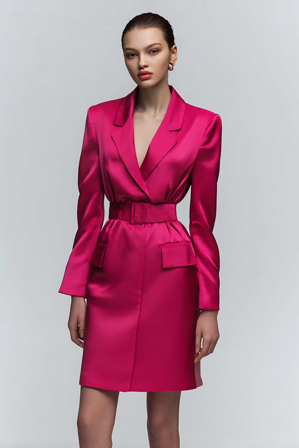 Fuchsia Notched Lapel Bodycon Short Work Dress with Sleeves