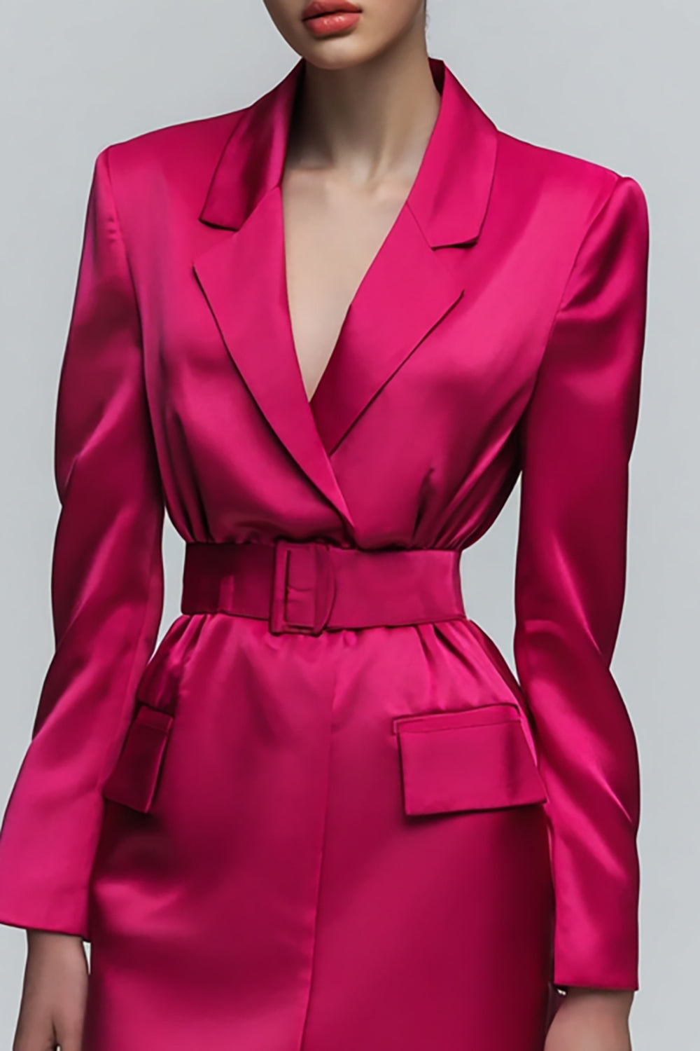 Fuchsia Notched Lapel Bodycon Short Work Dress with Sleeves