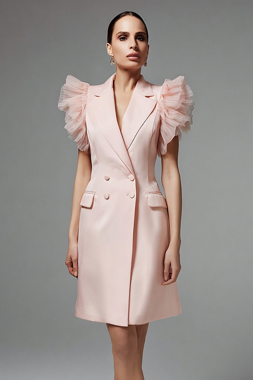Ruffled Pink A Line Notched Lapel Short Work Dress