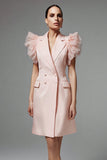 Ruffled Pink A Line Notched Lapel Short Work Dress