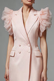 Ruffled Pink A Line Notched Lapel Short Work Dress