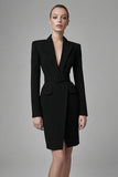 Black Peak Lapel Bodycon Midi Work Dress with Sleeves