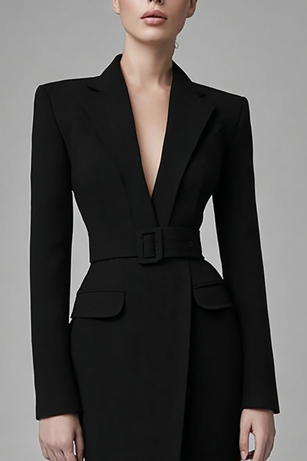 Black Peak Lapel Bodycon Midi Work Dress with Sleeves