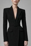 Black Peak Lapel Bodycon Midi Work Dress with Sleeves