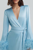 Sky Blue Long Sleeves V Neck Midi Work Dress with Feathers