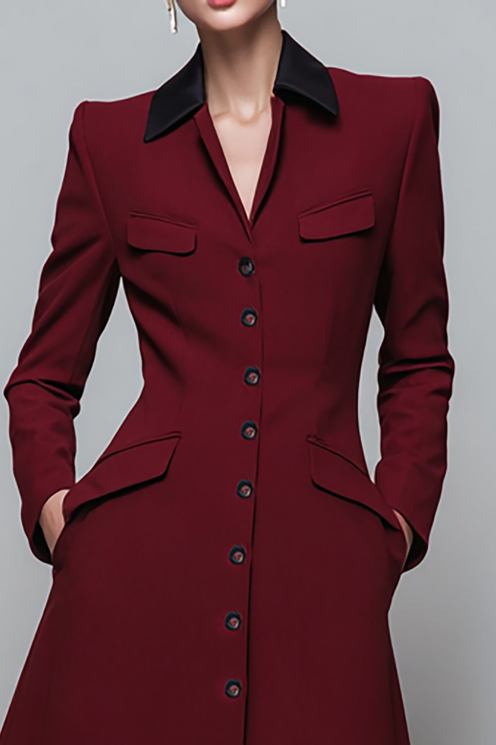 Dark Red A Line Collar Neck Midi Work Dress with Sleeves
