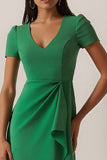 Green A Line Satin Midi Work Dress with Ruffles
