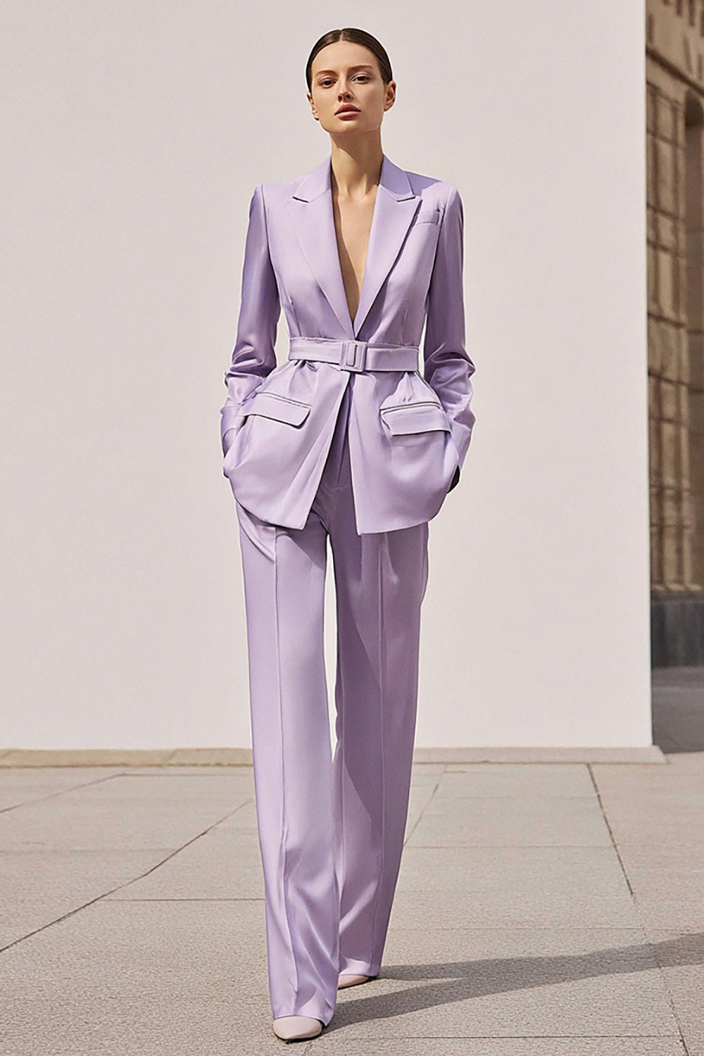 Lilac Satin 2 Pieces Peak Lapel Women Formal Suits with Belt