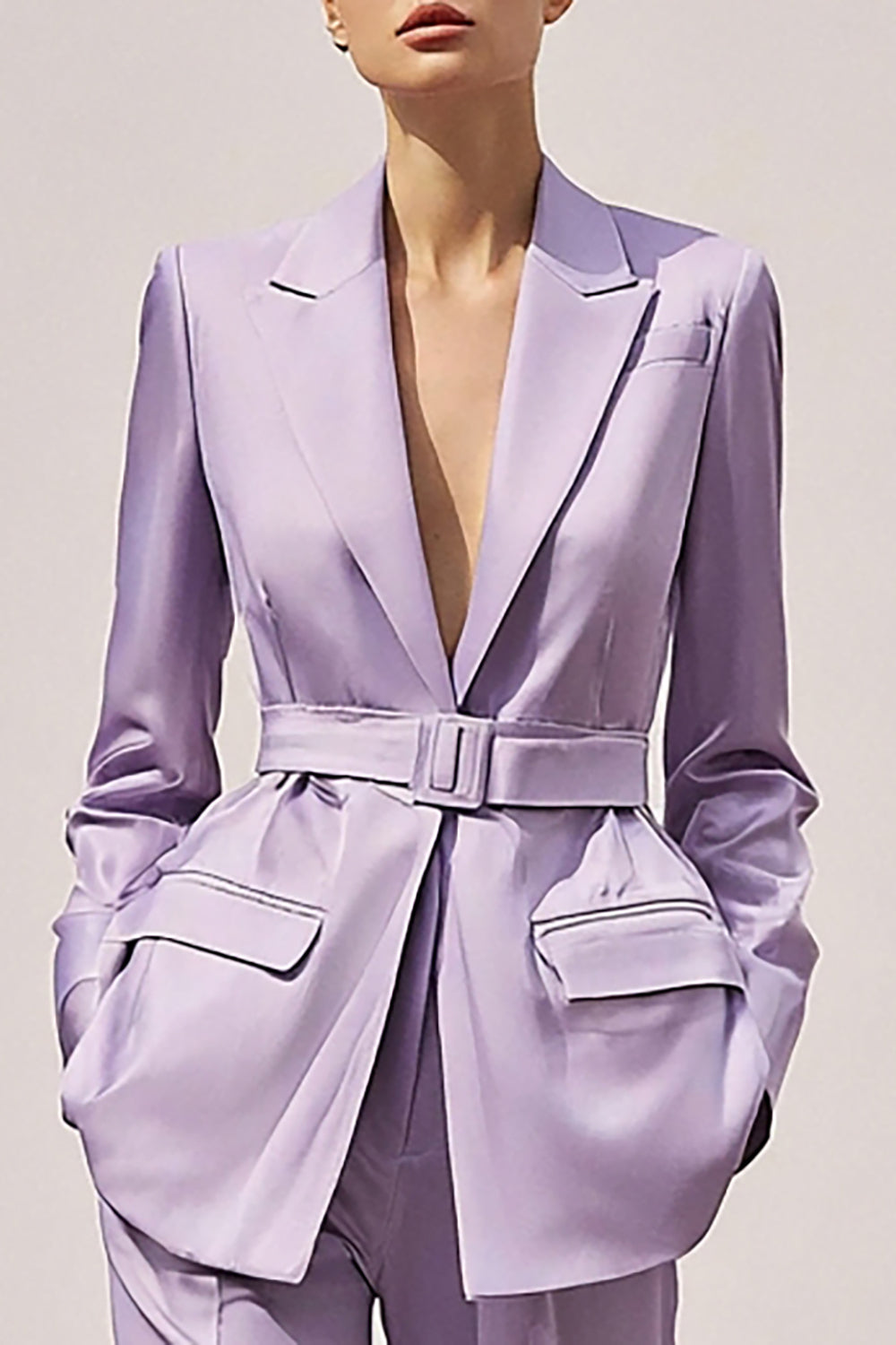 Lilac Satin 2 Pieces Peak Lapel Women Formal Suits with Belt