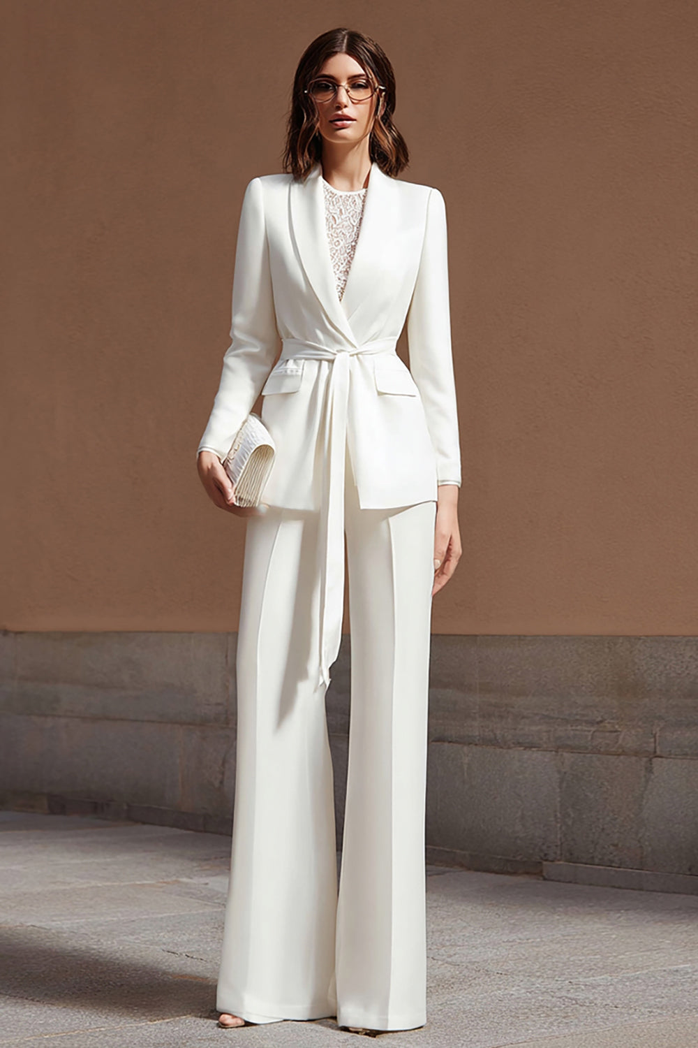 Ivory Satin Shawl Lapel 2 Pieces Women Formal Suits with Sash