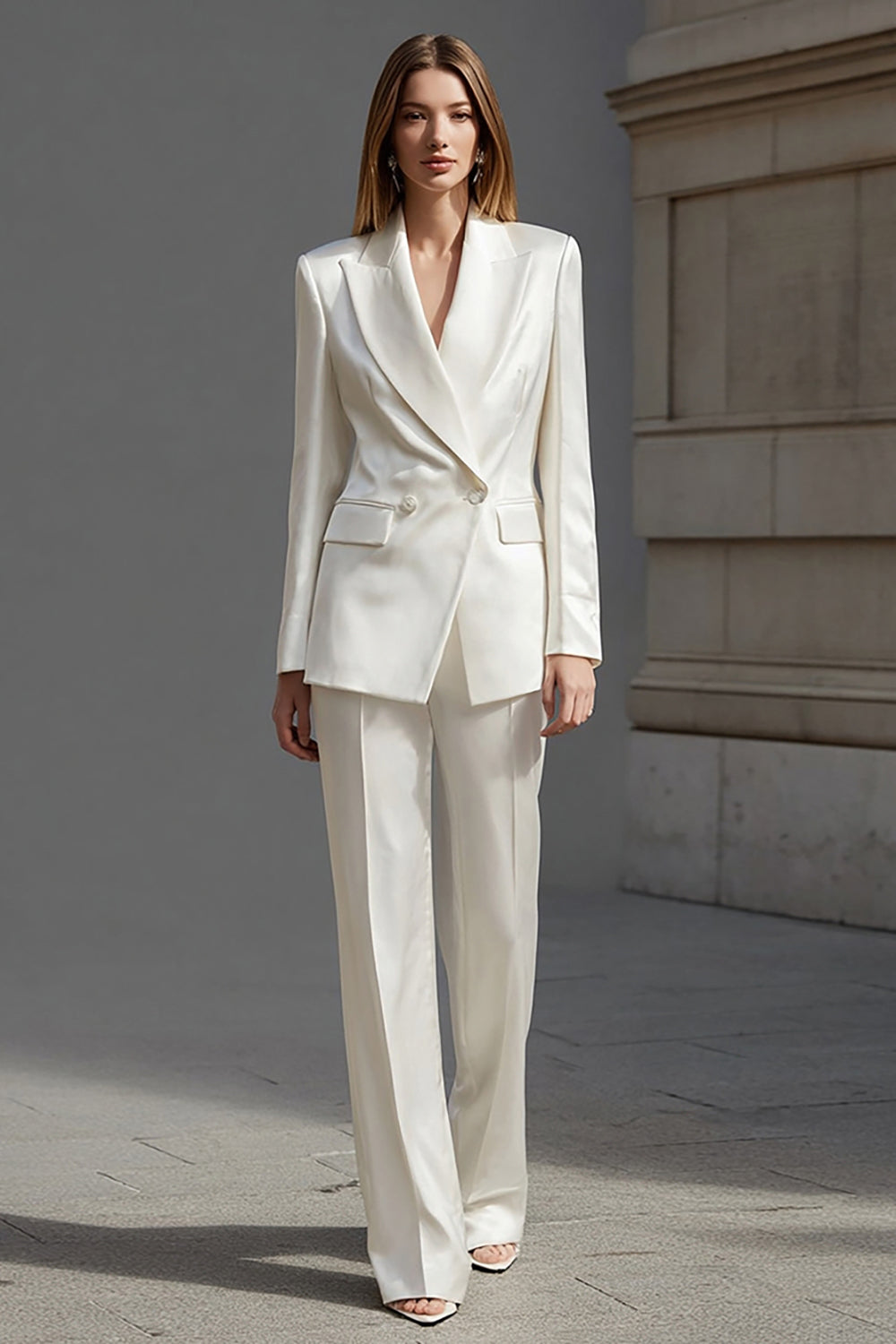 Ivory Satin 2 Pieces Peak Lapel Women Tuxedo with Sleeves