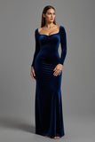 Navy Velvet Square Neck Sheath Long Sleeves Formal Dress